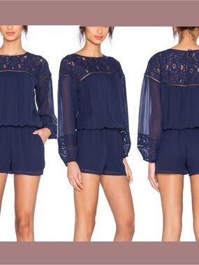 Joie Navy Lace Overlay Blouse 100% Silk Balloon Sleeves SZ XS
